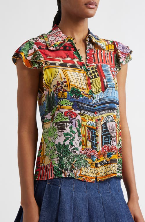 Alice And Olivia Vacation Dreams Martel Flutter-sleeve Blouse In Vacation Dreams