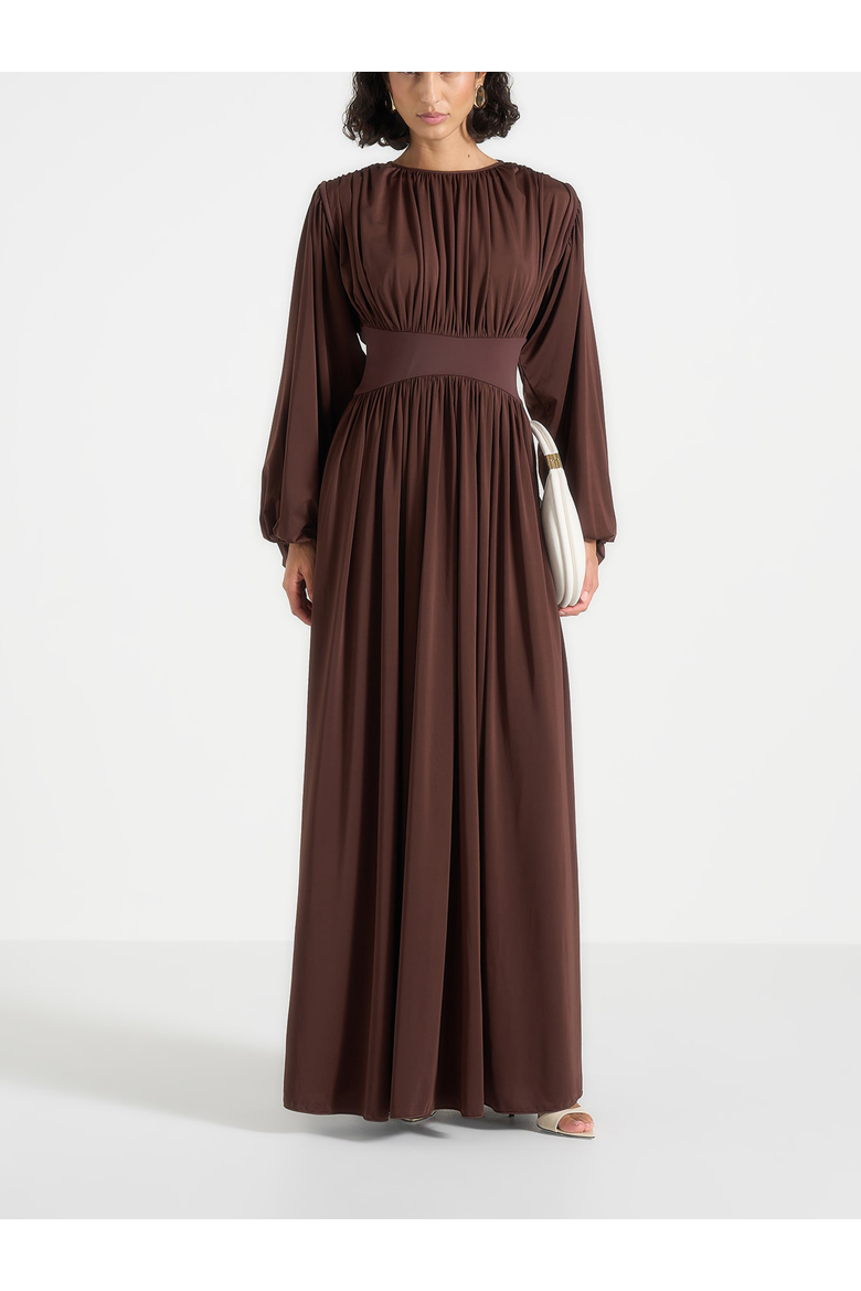 Ivana Cinched Maxi Dress with Detachable Sleeves, Alternate, color, Brown