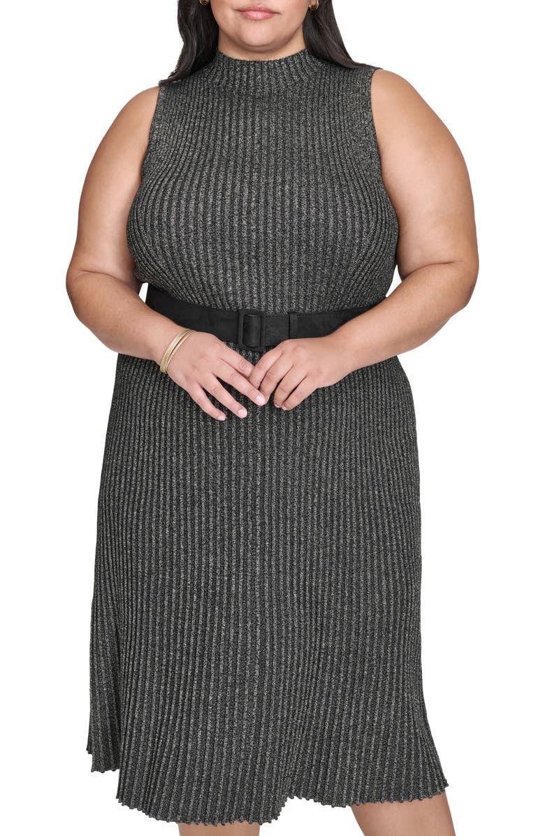 DKNY Mock Neck Sleeveless Rib Knit Midi Dress, Alternate, color, Black/ Gold