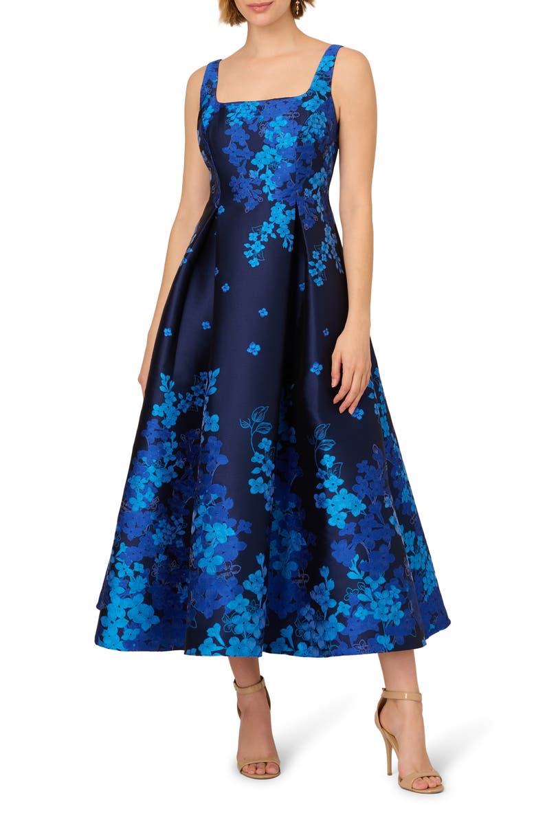 Adrianna Papell Border Sleeveless Jacquard Fit & Flare Midi Dress, Main, color, Blue Multi
