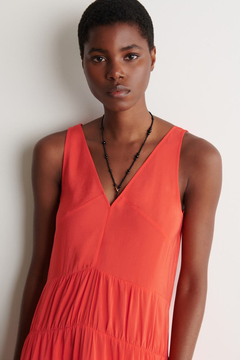 Gathered Pleated V-neck Maxi Dress, Alternate, color, ORANGE