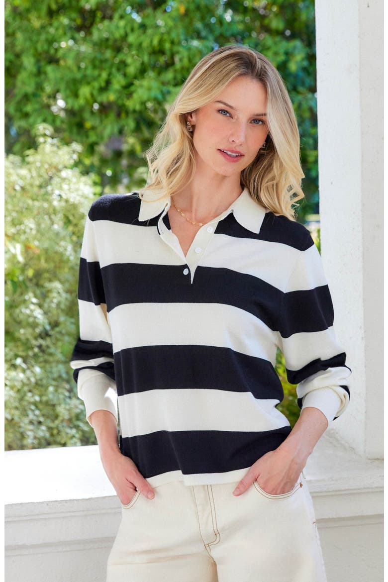 Stripe Collared Henley Sweater, Alternate, color, OFF WHITE W/ BLACK