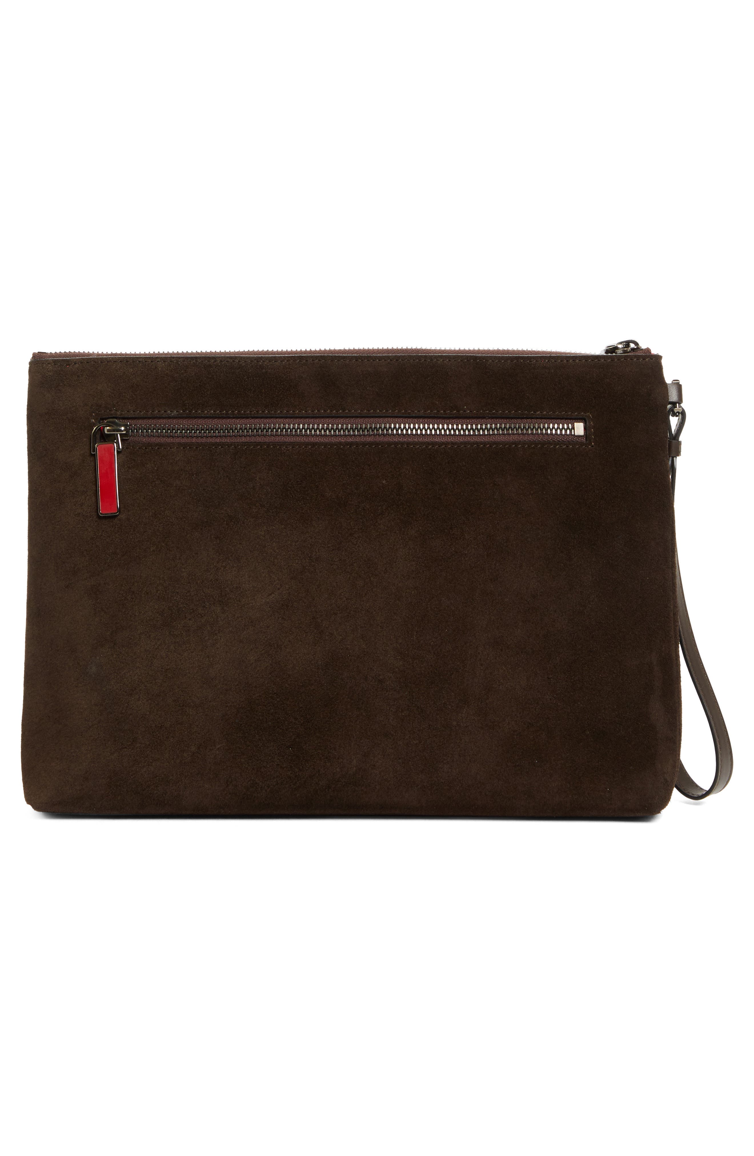 Christian Louboutin Funky Crosta Spikes Suede Wristlet Pouch, Alternate, color, Cafe/ Gun Metal