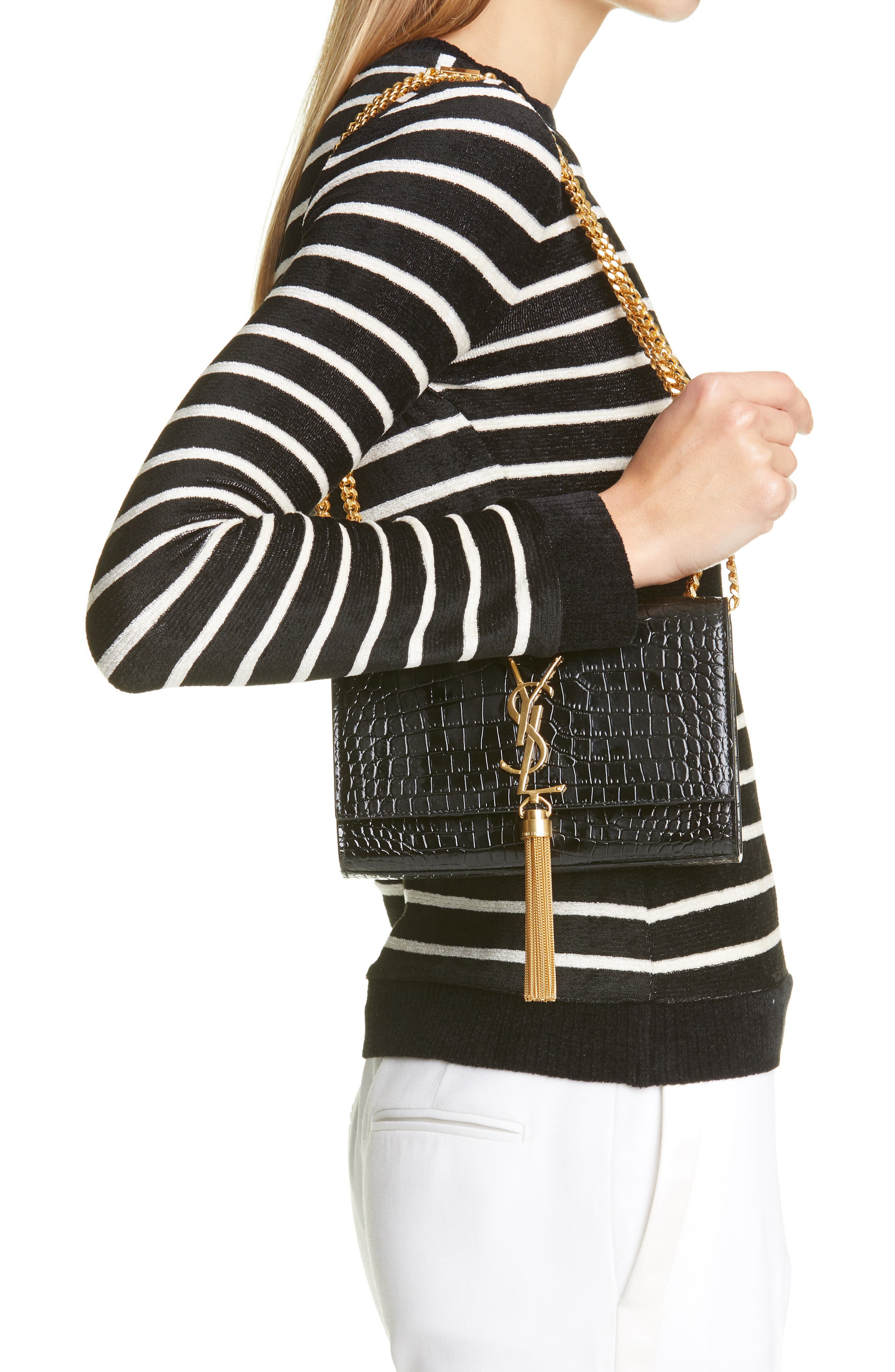 Saint Laurent Small Kate Croc Embossed Leather Shoulder Bag, Alternate, color, 