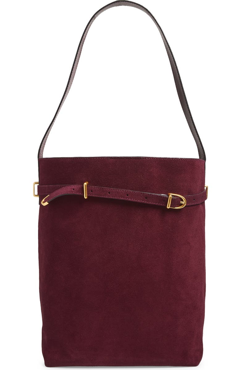 Madewell The Essential Belted Suede Bucket Tote, Main, color, Dark Burgundy