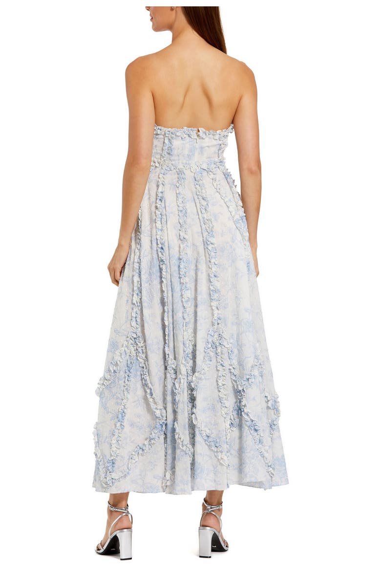 Mac Duggal Floral Print Strapless Cotton Gown Featuring Ruffled Accents, Alternate, color, Blue Multi