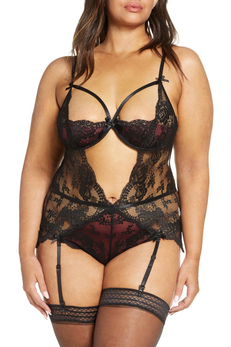Cutout Lace Underwire Teddy with Suspender Straps, Main, color, BLACK/ ZINFANDEL