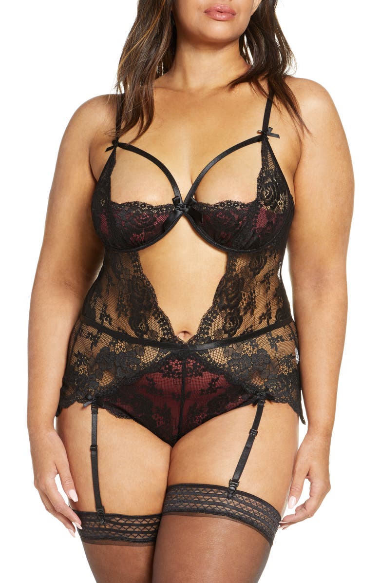 Oh La La Cheri Cutout Lace Underwire Teddy with Suspender Straps, Main, color,