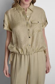 DKNY Twinkle Crinkle Roll Tab Cuff Button-Up Shirt