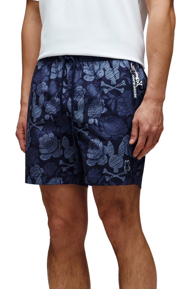 Psycho Bunny Rowen Print Swim Trunks, Alternate, color, Evening Blue