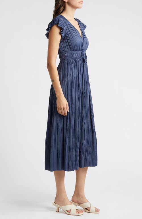 Moon River Pleated Tie Waist Midi Dress In Navy