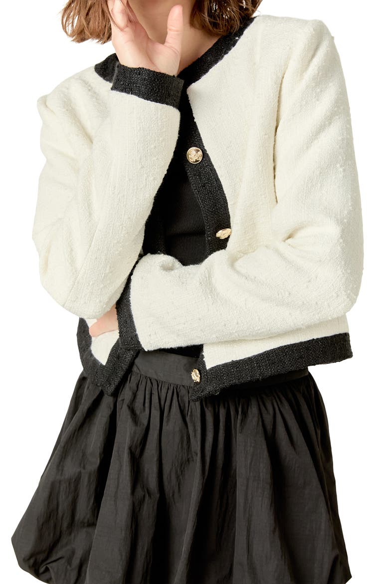 Collarless Tweed Jacket, Alternate, color, WHITE/ BLACK