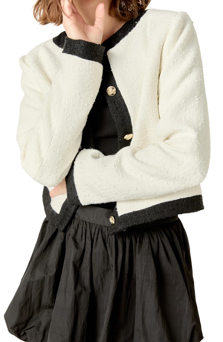 English Factory Collarless Tweed Jacket, Alternate, color, White/ Black