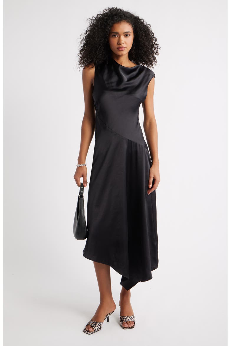 Cowl Neck Asymmetric Satin Midi Dress, Alternate, color, BLACK