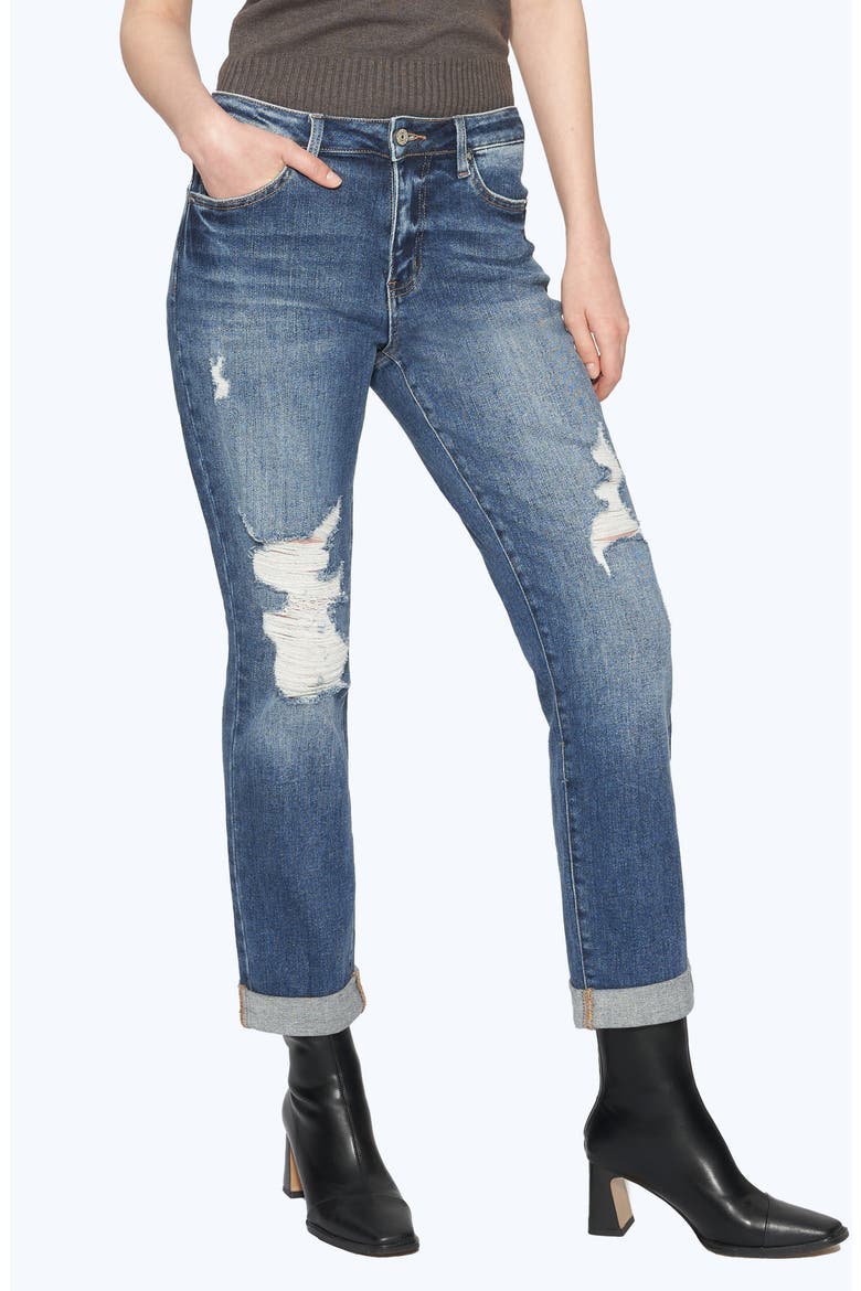 High Waist Rolled Cuff Straight Leg Jeans, Alternate, color, DARK BLUE