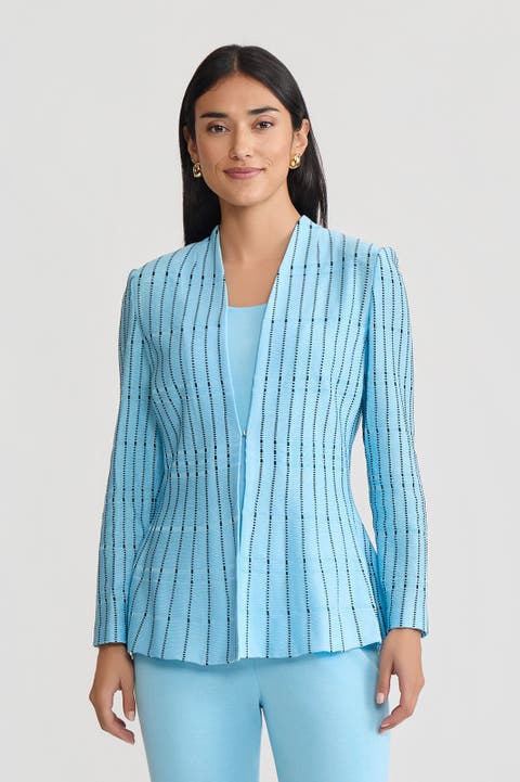 Ming Wang Tailored Dotted Stripe Peplum Knit Jacket