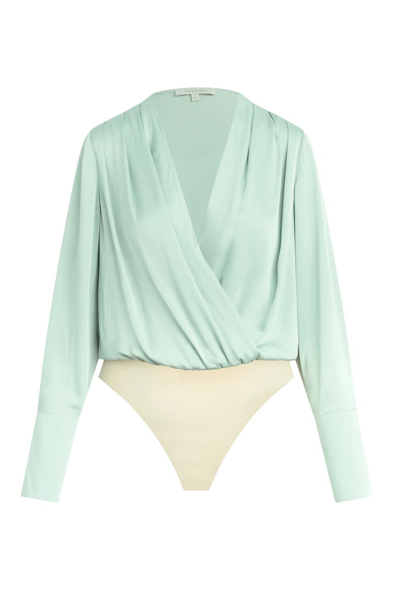 Surplice Long Sleeve Satin Bodysuit, Alternate, color, LIGHT SAGE