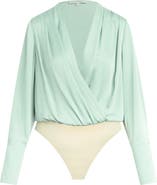 Favorite Daughter Surplice Long Sleeve Satin Bodysuit
