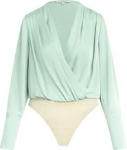 Favorite Daughter Surplice Long Sleeve Satin Bodysuit