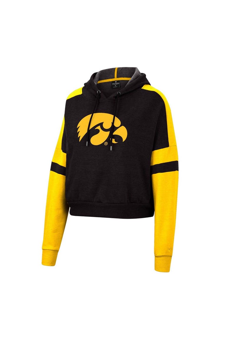 Women's Colosseum Black Iowa Hawkeyes Throwback Stripe Arch Logo Cropped Pullover Hoodie, Alternate, color, Black