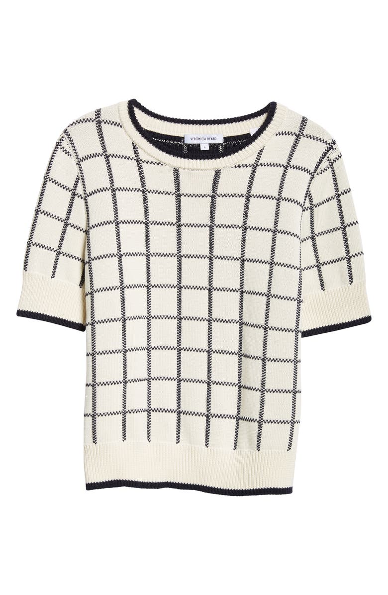 Veronica Beard Windowpane Check Short Sleeve Cotton Sweater, Alternate, color, Ivory/ Navy