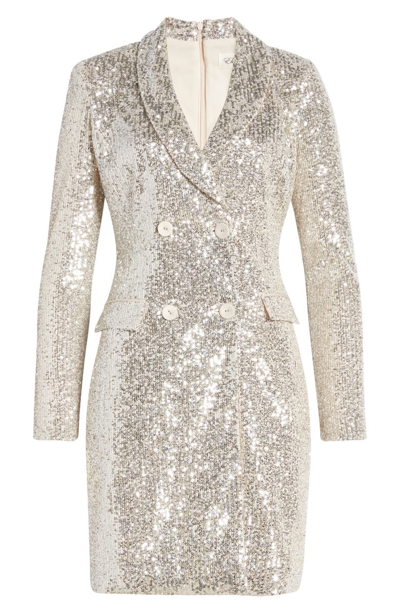 Eliza J Sequin Long Sleeve Tuxedo Cocktail Dress, Alternate, color, Silver