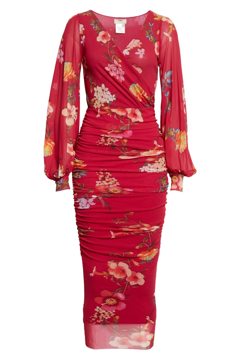 Ruched Floral Print Long Sleeve Faux Wrap Dress, Alternate, color, PORPORA
