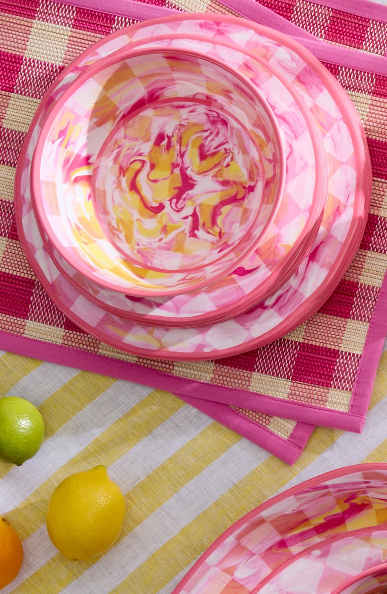 MACKENZIE CHILDS Set of 4 Pink Marble Check Melamine Dinner Plates, Alternate, color, Pink