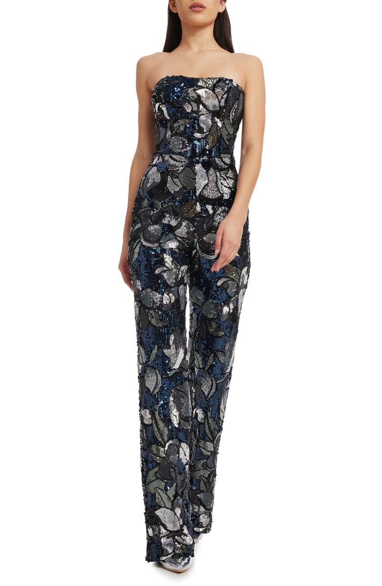 Dress the Population Andy Sequin Strapless Jumpsuit, Main, color, Navy Multi