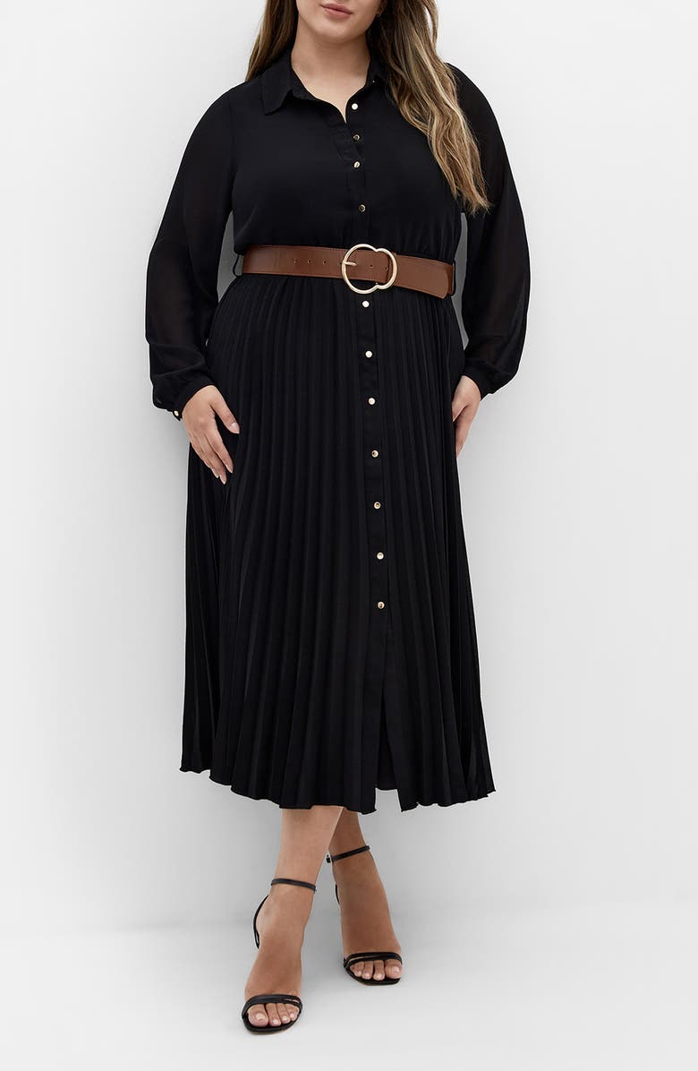 City Chic Celine Belted Long Sleeve Maxi Shirtdress, Main, color, Black