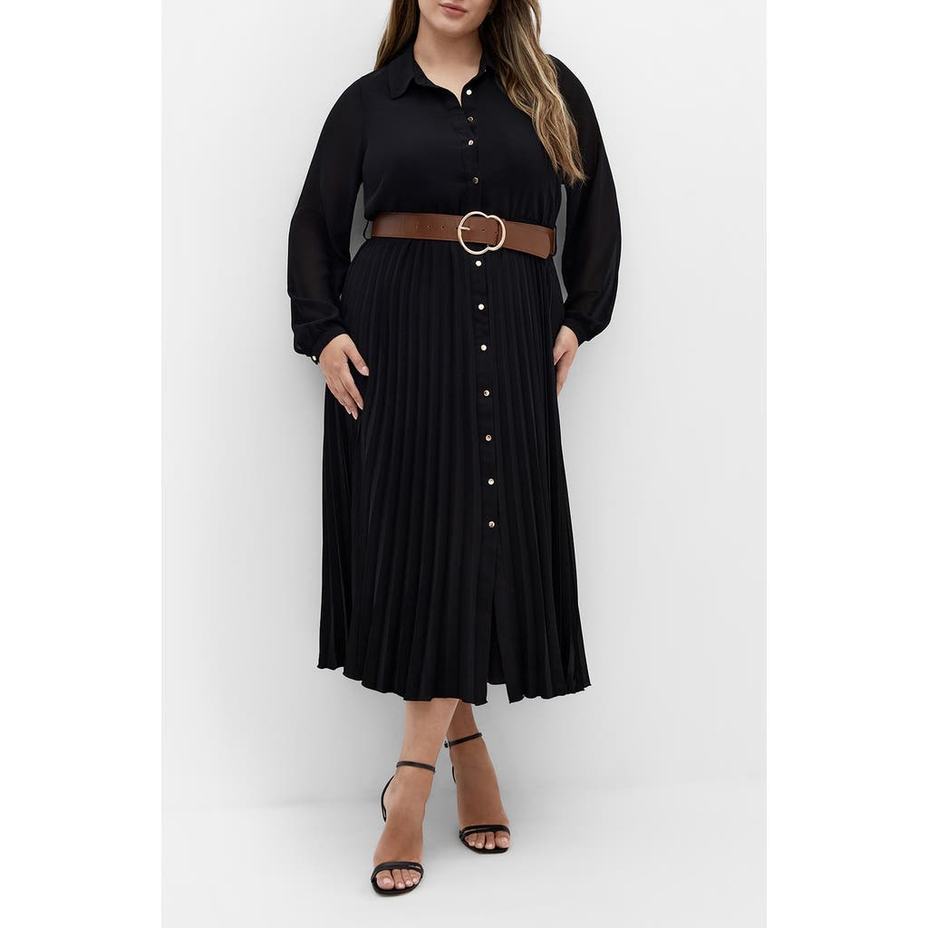 City Chic Celine Belted Long Sleeve Maxi Shirtdress In Black