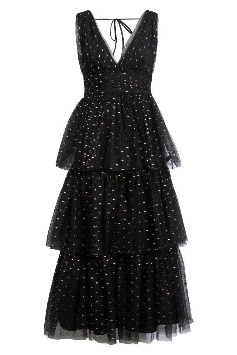 Sleeveless Foil Tiered Midi Dress, Alternate, color, BLACK/GOLD/SILVER