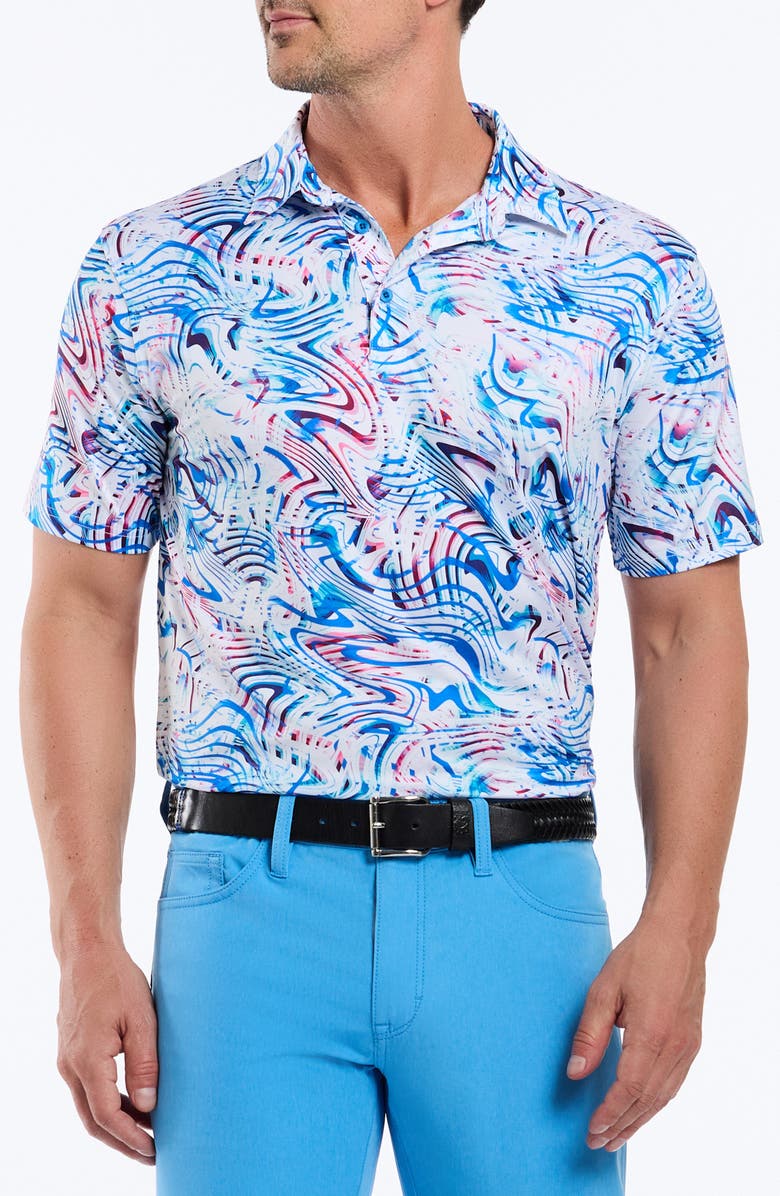 Robert Graham Wavelength Abstract Print Cotton Blend Performance Golf Polo, Main, color, Blue