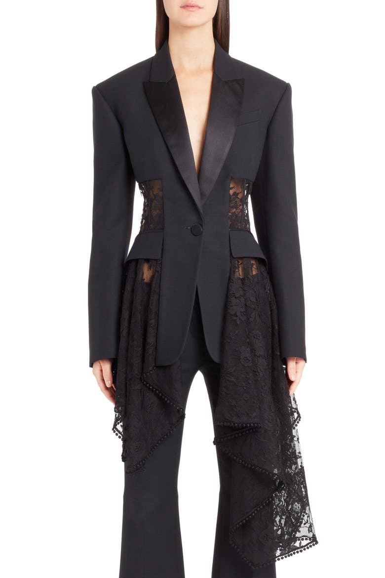 Alexander McQueen Lace Drape Corset Jacket, Main, color, BLACK