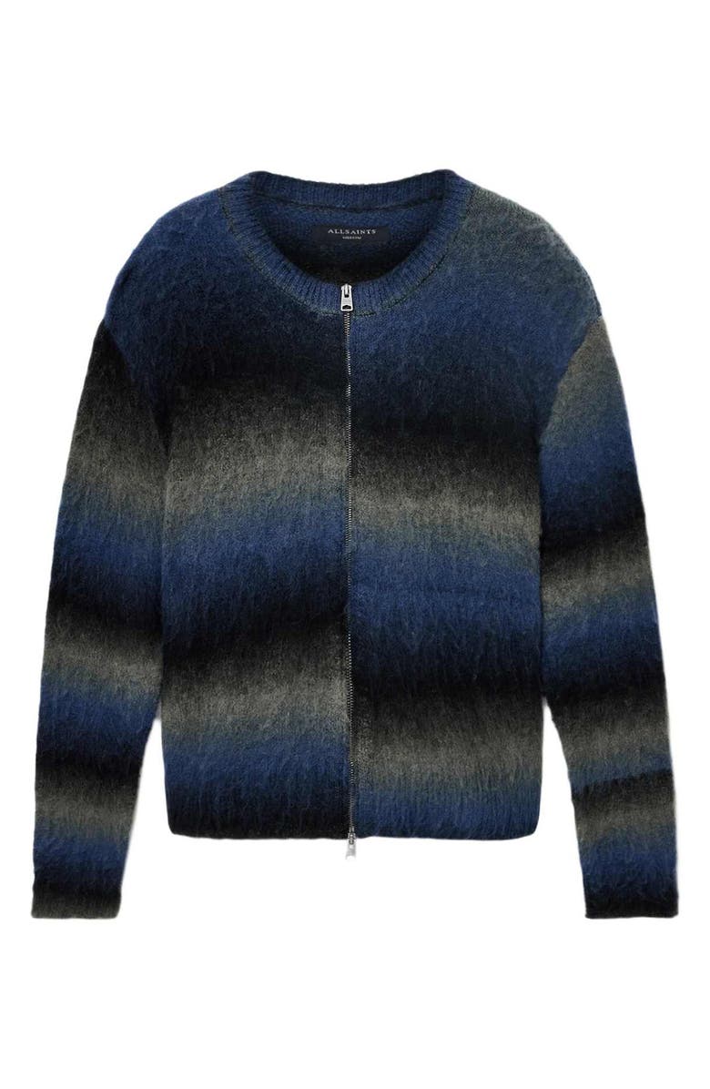 AllSaints Halley Ombré Stripe Crewneck Wool Blend Zip Cardigan, Alternate, color, Blue/ Grey/ Black