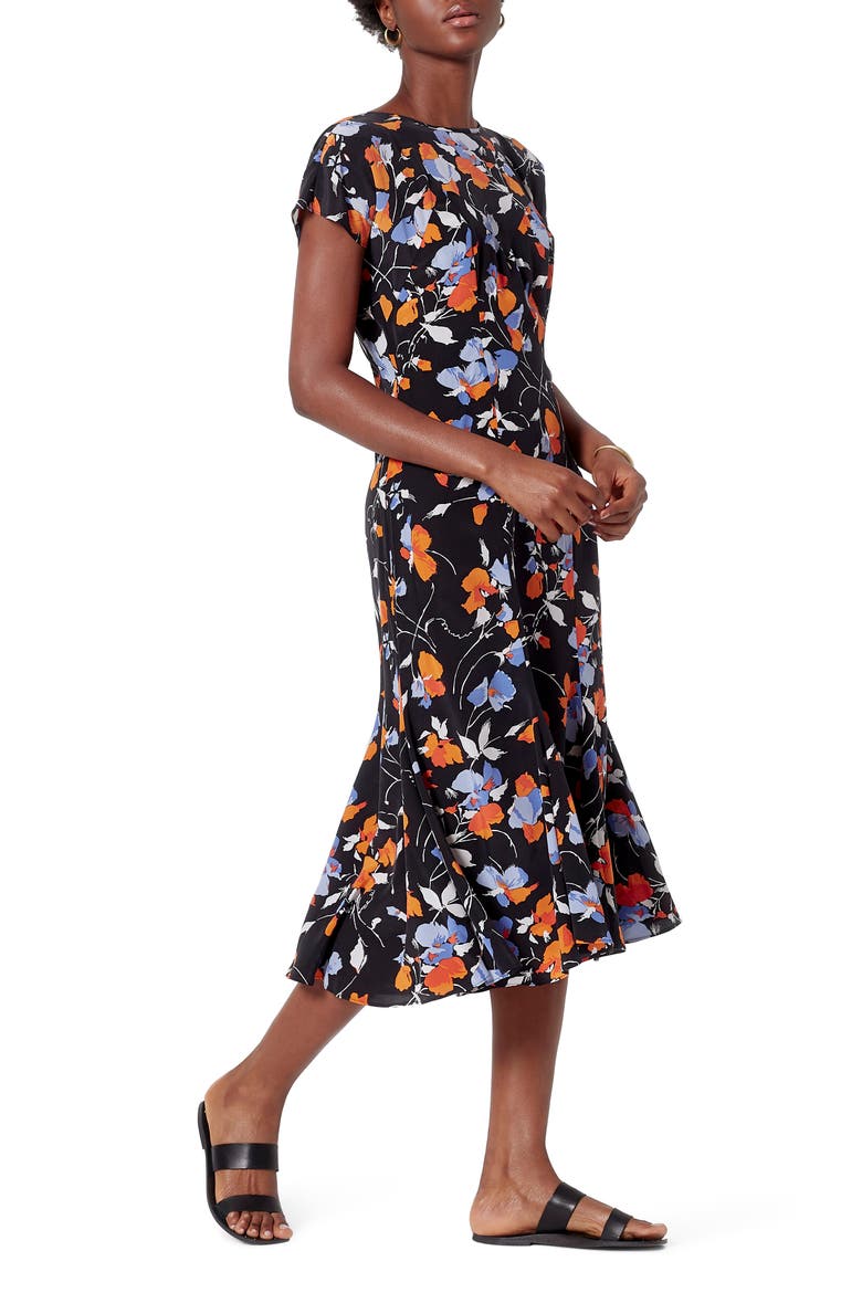 Haben Floral Silk Midi Dress, Alternate, color, CAVIAR