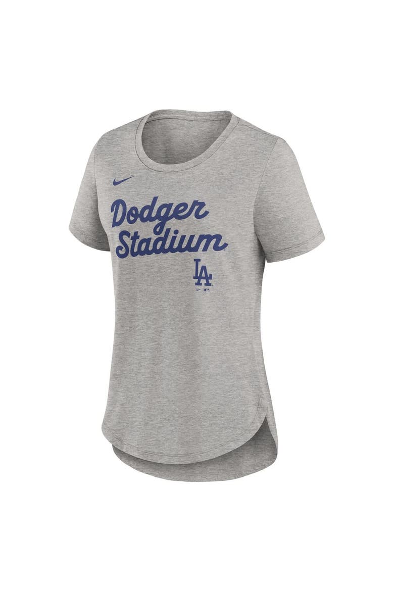 Women's Nike Heather Gray Los Angeles Dodgers Script Tri-Blend T-Shirt, Alternate, color, Heather Gray