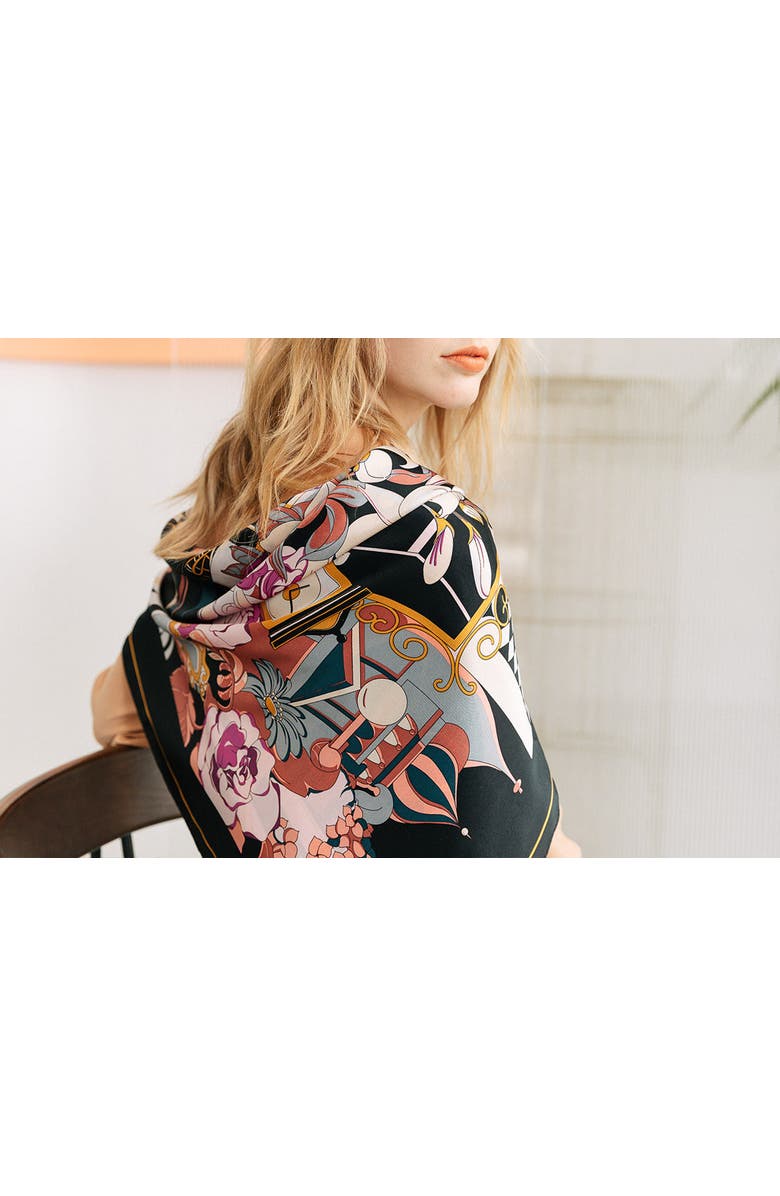 Lost Pattern "Vintage Blooms" Large Silk Square Scarf, Alternate, color, Black & Purple