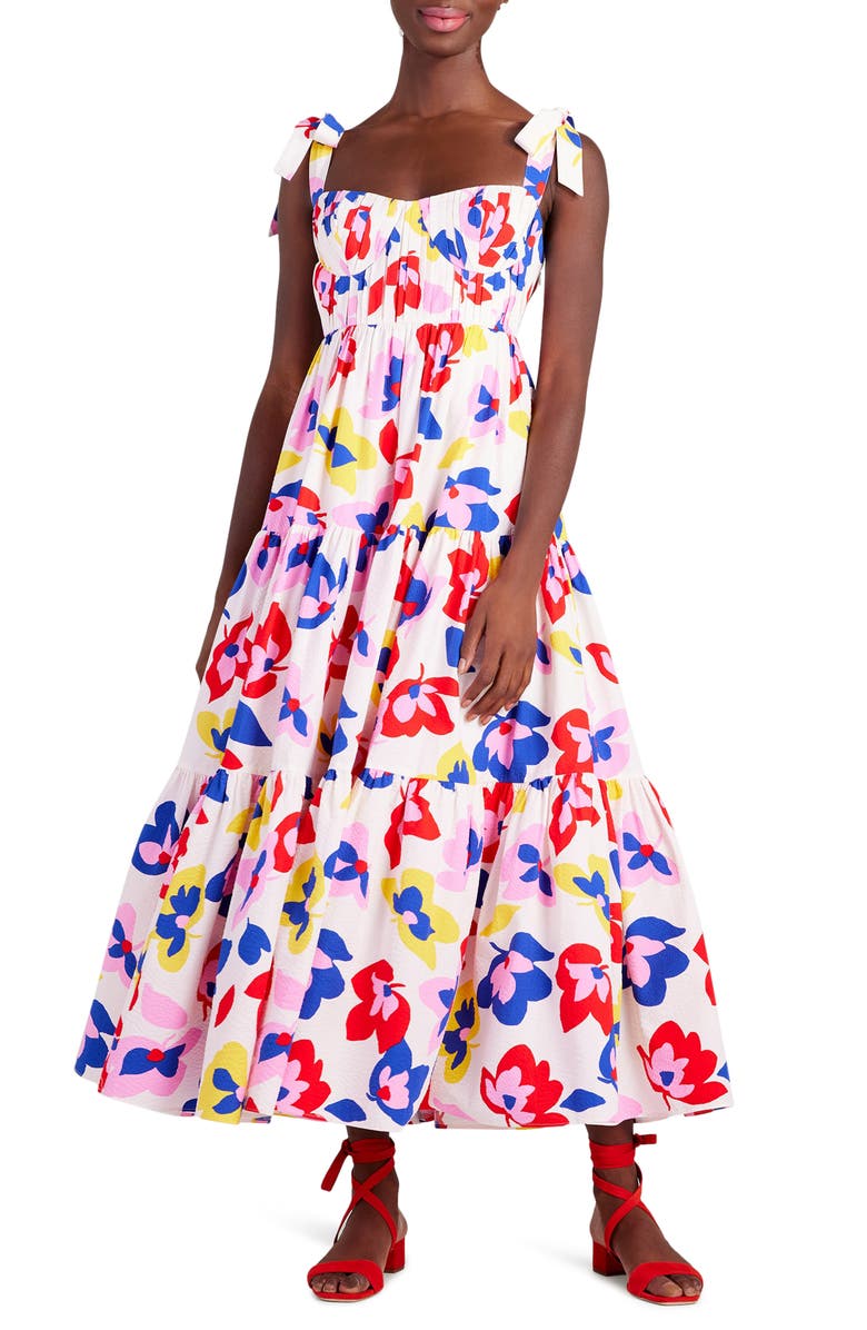 Kate Spade New York summer flowers tiered ruffle cotton dress, Main, color, Cream Multi