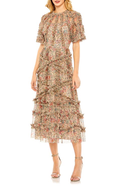 Floral Flutter Sleeve Mesh Print Dress