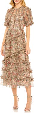Mac Duggal Floral Flutter Sleeve Mesh Print Dress