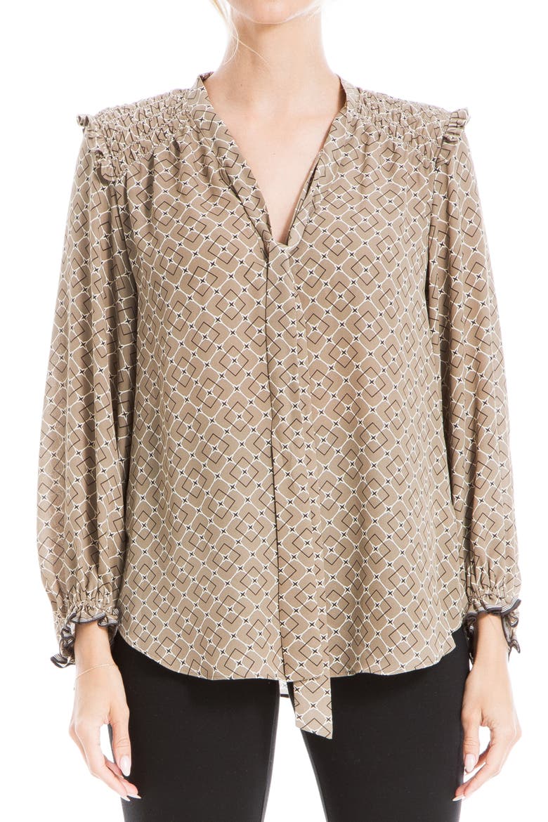 Tie Neck Long Sleeve Blouse, Main, color, MOCHA STATUS PRINT