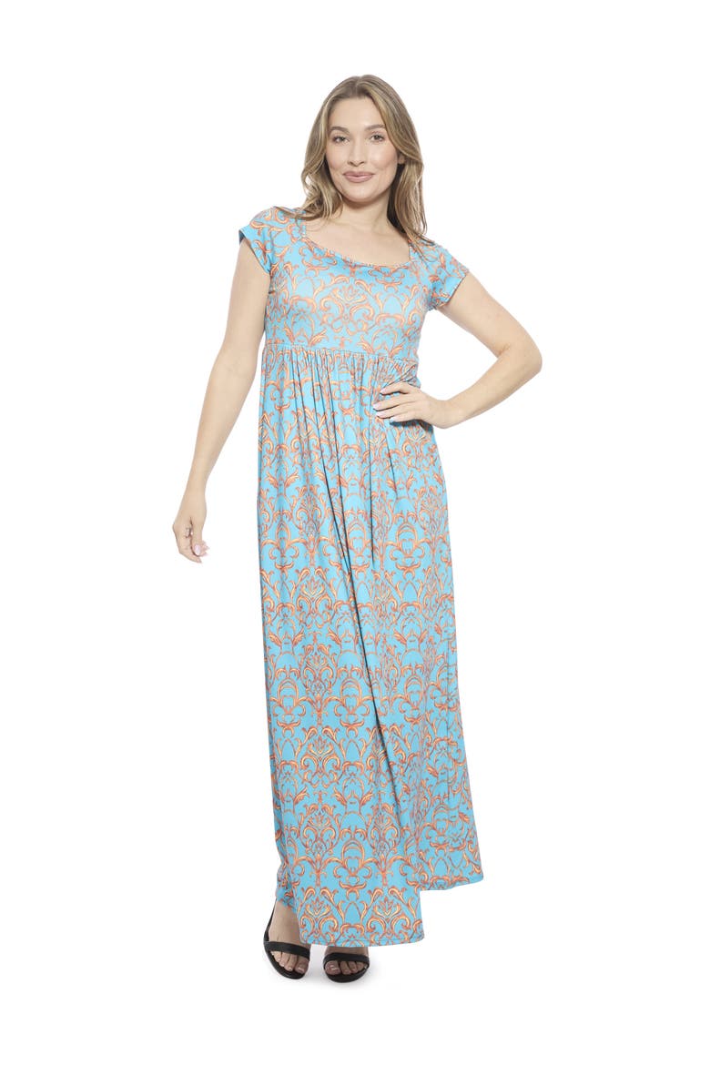 Womens Abstract Square Neck Cap Sleeve Pleated A-Line Maxi Dress, Main, color, Blue Multi
