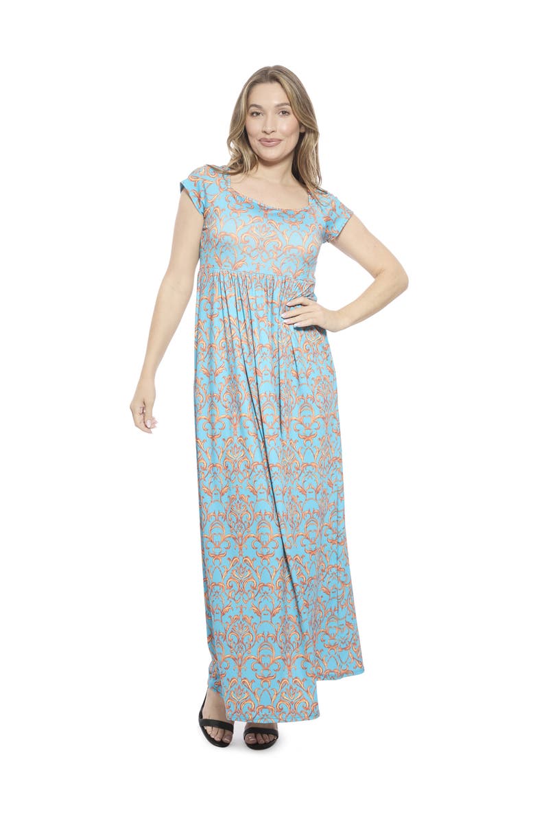 24seven Comfort Apparel Womens Abstract Square Neck Cap Sleeve Pleated A-Line Maxi Dress, Main, color, Blue Multi