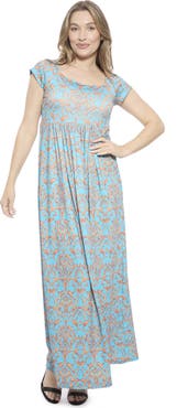 24seven Comfort Apparel Womens Abstract Square Neck Cap Sleeve Pleated A-Line Maxi Dress