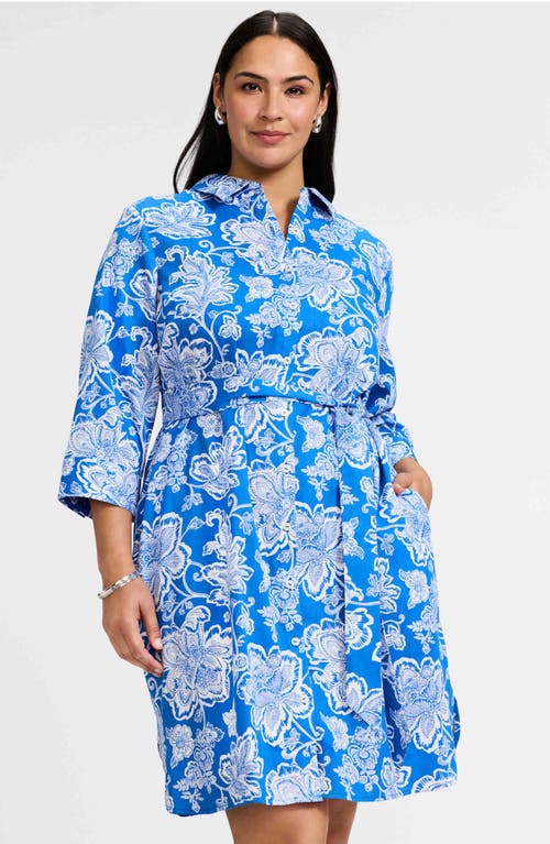 Foxcroft Rocca Floral Print Belted Shirtdress In Cobalt Blue/white