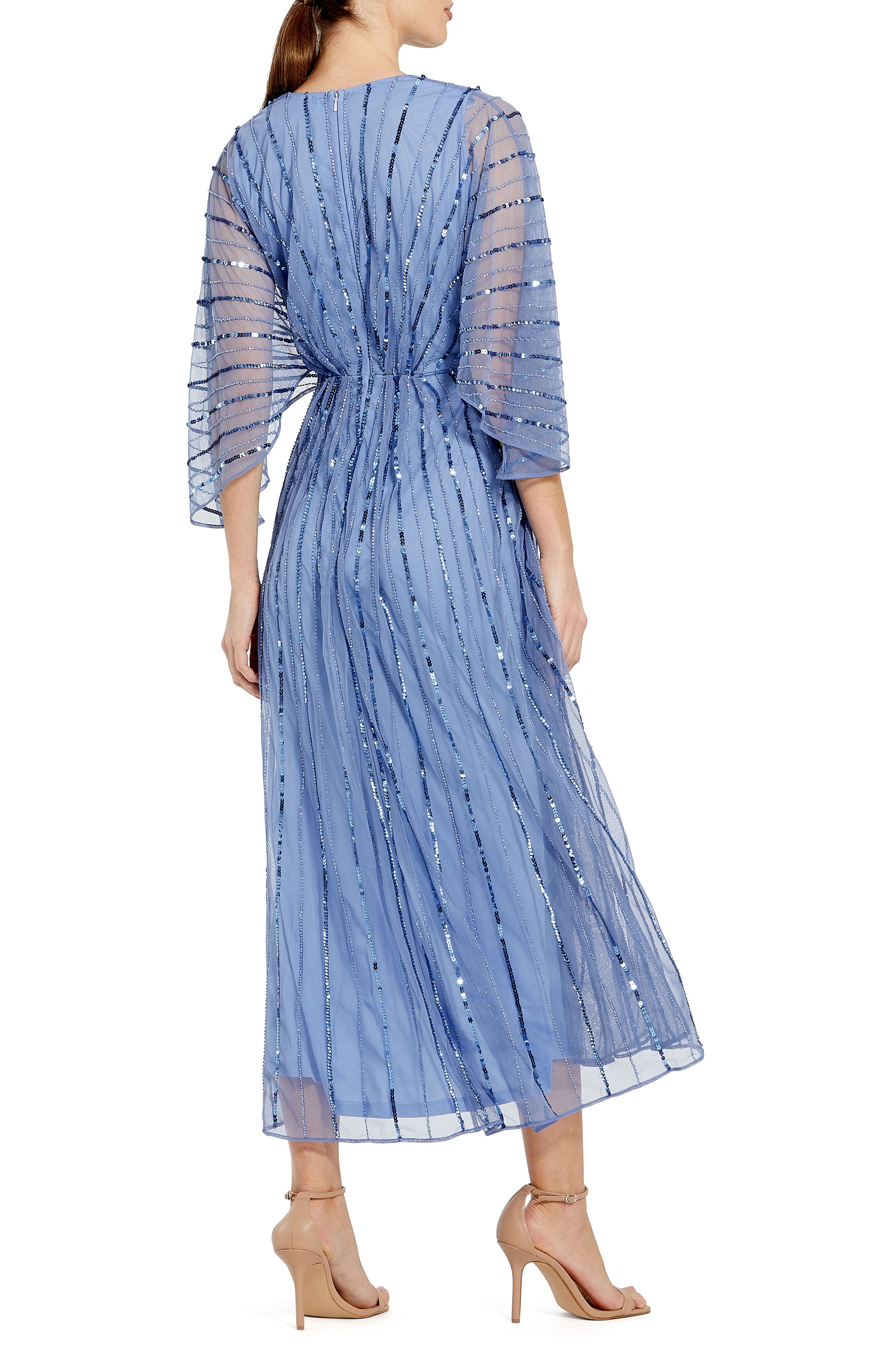 Sequin Beaded Stripe Cape Sleeve V-Neck Gown - image 2