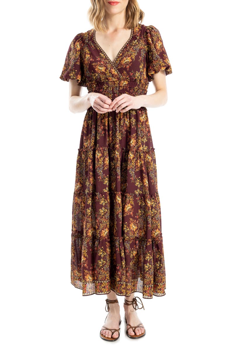 MAX STUDIO Short Sleeve V-Neck Maxi Dress, Main, color, Wine/ Copper Magnolia