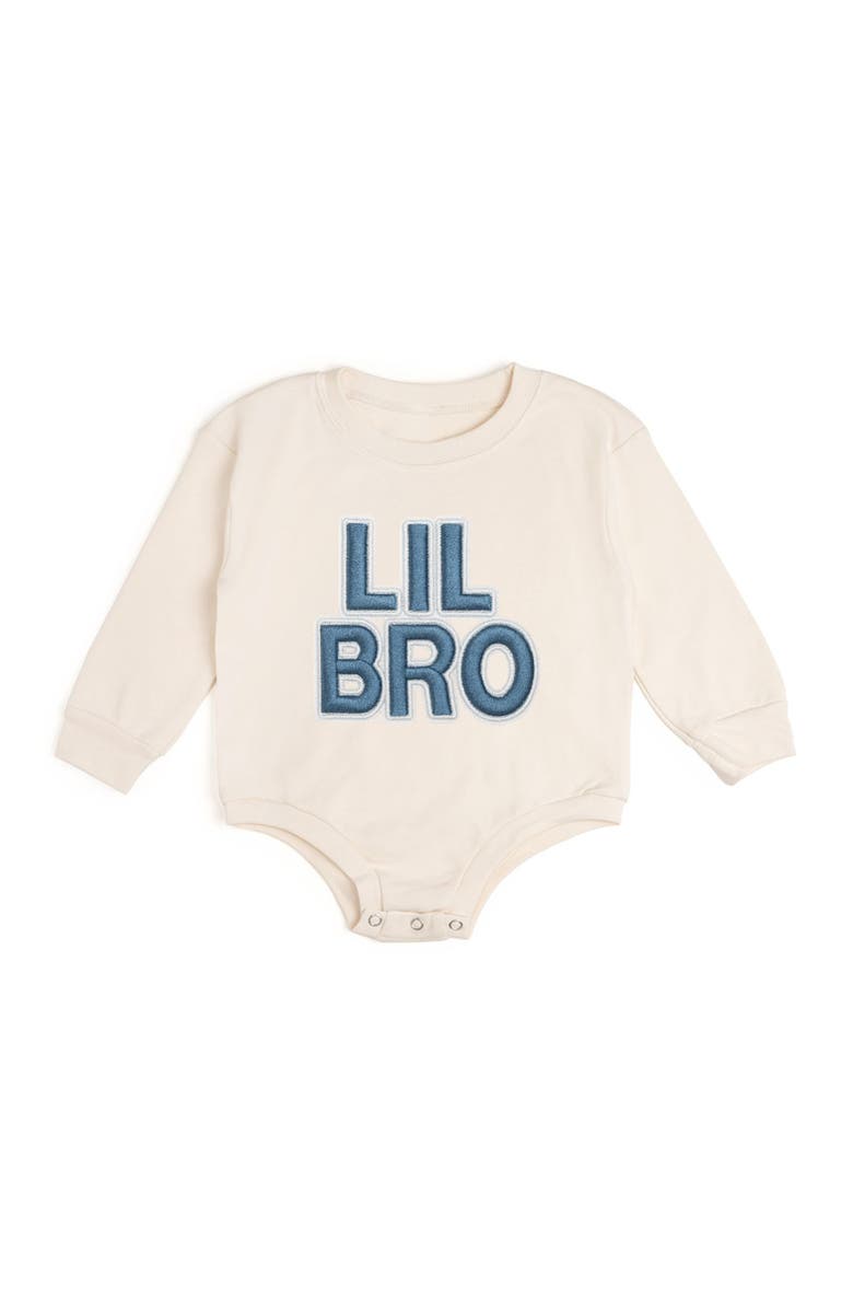 Sweet Wink Lil Bro Embroidered Patch Long Sleeve Romper, Main, color, Natural