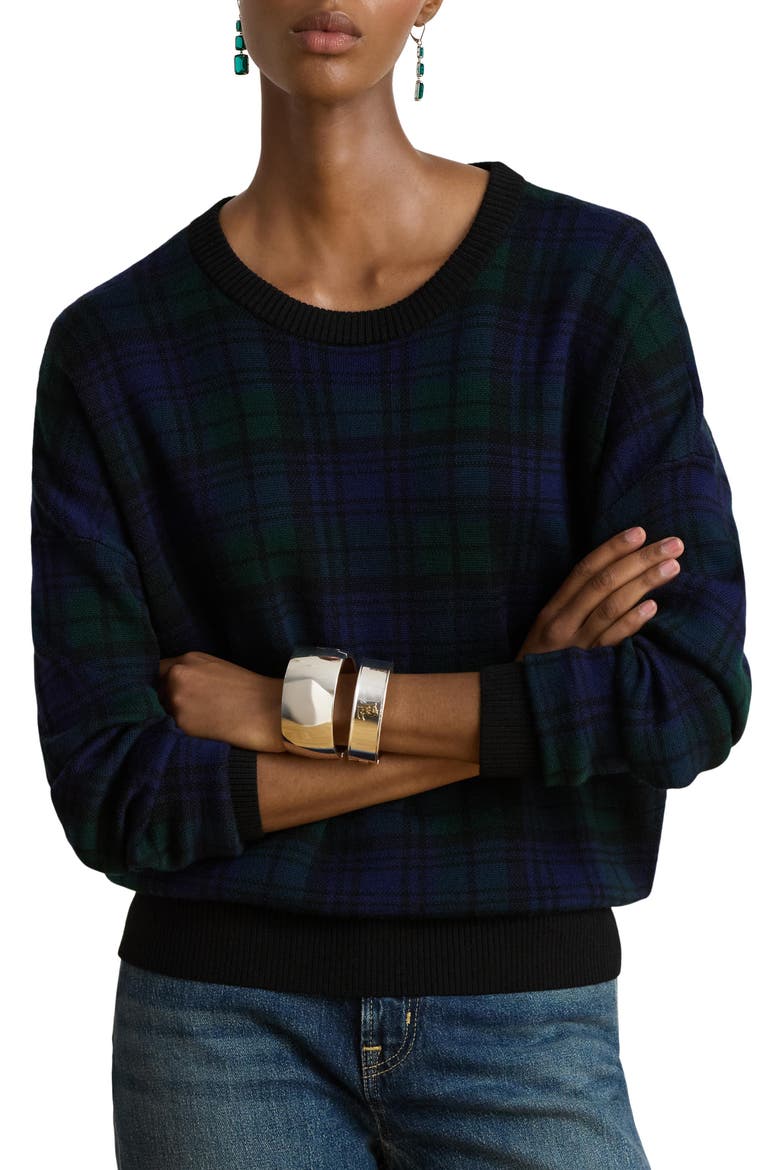 Plaid Merino Wool Sweater, Main, color, BLACK